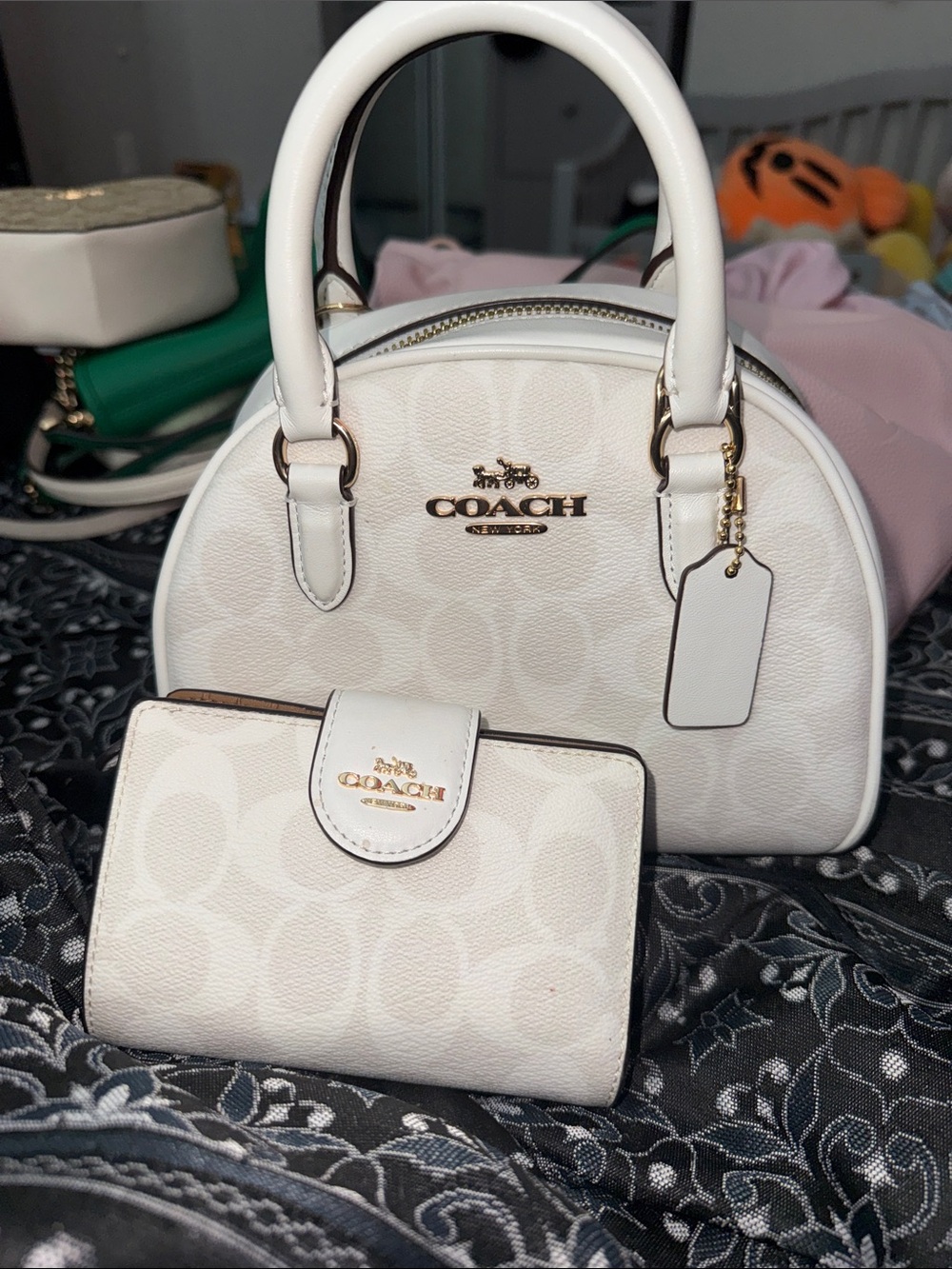 Coach White Signature Mini Dome Satchel with Matching Wallet and Charm